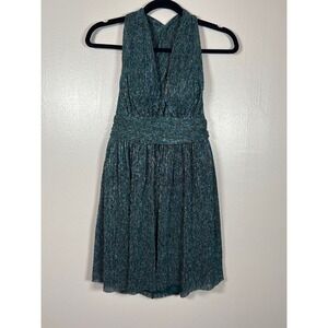 Lulus Women's Teal Metallic Pleated Halter Mini Dress Shimmer Party Cocktail S